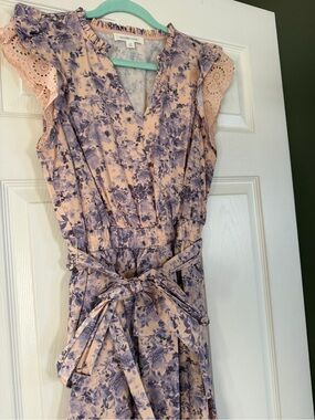 Shabby Chic Floral Midi Dress in Peach and Lavender Size Medium